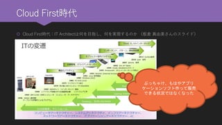 Cloud First時代 
Cloud First時代：IT Architectは何を目指し、何を実現するのか（板倉真由美さんのスライド） 
ぶっちゃけ、もはやアプリ ケーションソフト作って販売 できる状況ではなくなった  