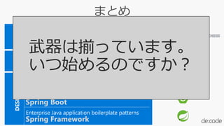 Application coordination boilerplate patterns
Application configuration boilerplate patterns
Enterprise Java application boilerplate patterns
Runtime Platform, Infrastructure Automation boilerplate
patterns (provision, deploy, secure, log, data services, etc.)
CLOU
D
DESKTOP
Spring Boot
Spring Framework
Pivotal Cloud Foundry
Spring Cloud
Microservice operation boilerplate patterns
(Config Server, Service Discovery, Circuit Breaker)
SERVICES
Spring Cloud Services
武器は揃っています。
いつ始めるのですか？
 