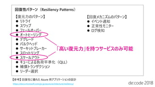 回復性パターン（Resiliency Patterns）
【復元力のパターン】
 リトライ
 スワップ
 フェールオーバー
 オートヒーリング
 デグレード
 バルクヘッド
 サーキットブレーカー
 スロットリング
 スケールアウト
 キューによる負荷平準化（QLL）
 補償トランザクション
 リーダー選択
【回復メカニズムのパターン】
 イベント通知
 正常性モニター
 ログ検知
https://docs.microsoft.com/ja-jp/azure/architecture/resiliency/
【参考】 回復性に優れた Azure 用アプリケーションの設計
「高い復元力」を持つサービスのみ可能
 
