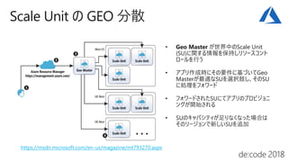 https://msdn.microsoft.com/en-us/magazine/mt793270.aspx
世界中のScale Unit
(SU)に関する情報を保持しリソースコント
ロールを行う
• アプリ作成時にその要件に基づいてGeo
Masterが最適なSUを選択肢し、そのSU
に処理をフォワード
 