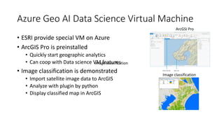 Azure Geo AI Data Science Virtual Machine
• ESRI provide special VM on Azure
• ArcGIS Pro is preinstalled
• Quickly start geographic analytics
• Can coop with Data science VM features
• Image classification is demonstrated
• Import satellite image data to ArcGIS
• Analyze with plugin by python
• Display classified map in ArcGIS
Image classification
Image classification
ArcGSI Pro
 