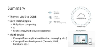Summary
• Theme : LOVE to CODE
• Core technologies
• Ubiquitous computing
• AI
• Multi-sense/multi-device experience
• Multi-device
• Cross platform application (timeline, messaging etc..)
• Cross platform development (Xamarin, UWP,
Functions etc…)
Your phone
 