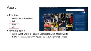 Azure
• 4 sectors
• Container + Serverless
• IoT
• Data
• AI
• Key note demo
• Azure Event Grid + IoT Edge + Cosmos DB:Multi Master write
• NBA’s video analysis with Azure Search & Cognitive Services
 