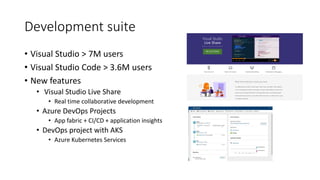 Development suite
• Visual Studio > 7M users
• Visual Studio Code > 3.6M users
• New features
• Visual Studio Live Share
• Real time collaborative development
• Azure DevOps Projects
• App fabric + CI/CD + application insights
• DevOps project with AKS
• Azure Kubernetes Services
 