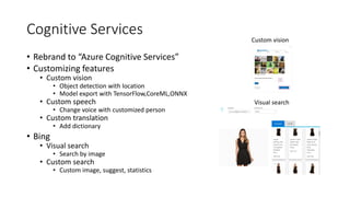 Cognitive Services
• Rebrand to “Azure Cognitive Services”
• Customizing features
• Custom vision
• Object detection with location
• Model export with TensorFlow,CoreML,ONNX
• Custom speech
• Change voice with customized person
• Custom translation
• Add dictionary
• Bing
• Visual search
• Search by image
• Custom search
• Custom image, suggest, statistics
Custom vision
Visual search
 
