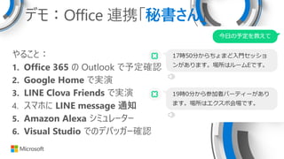 ǥ⣺Office BЯؕ
뤳ȣ
1. Office 365  Outlook 趨_J
2. Google Home ǌg
3. LINE Clova Friends ǌg
4. ޥۤ LINE message ֪ͨ
5. Amazon Alexa ߥ``
6. Visual Studio ǤΥǥХå`_J
 