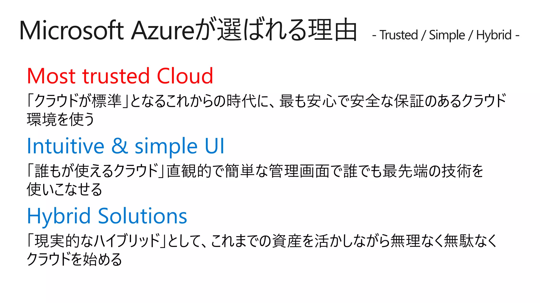 Microsoft Azureが選ばれる理由 - Trusted / Simple / Hybrid -
Most trusted Cloud
Intuitive & simple UI
Hybrid Solutions
 