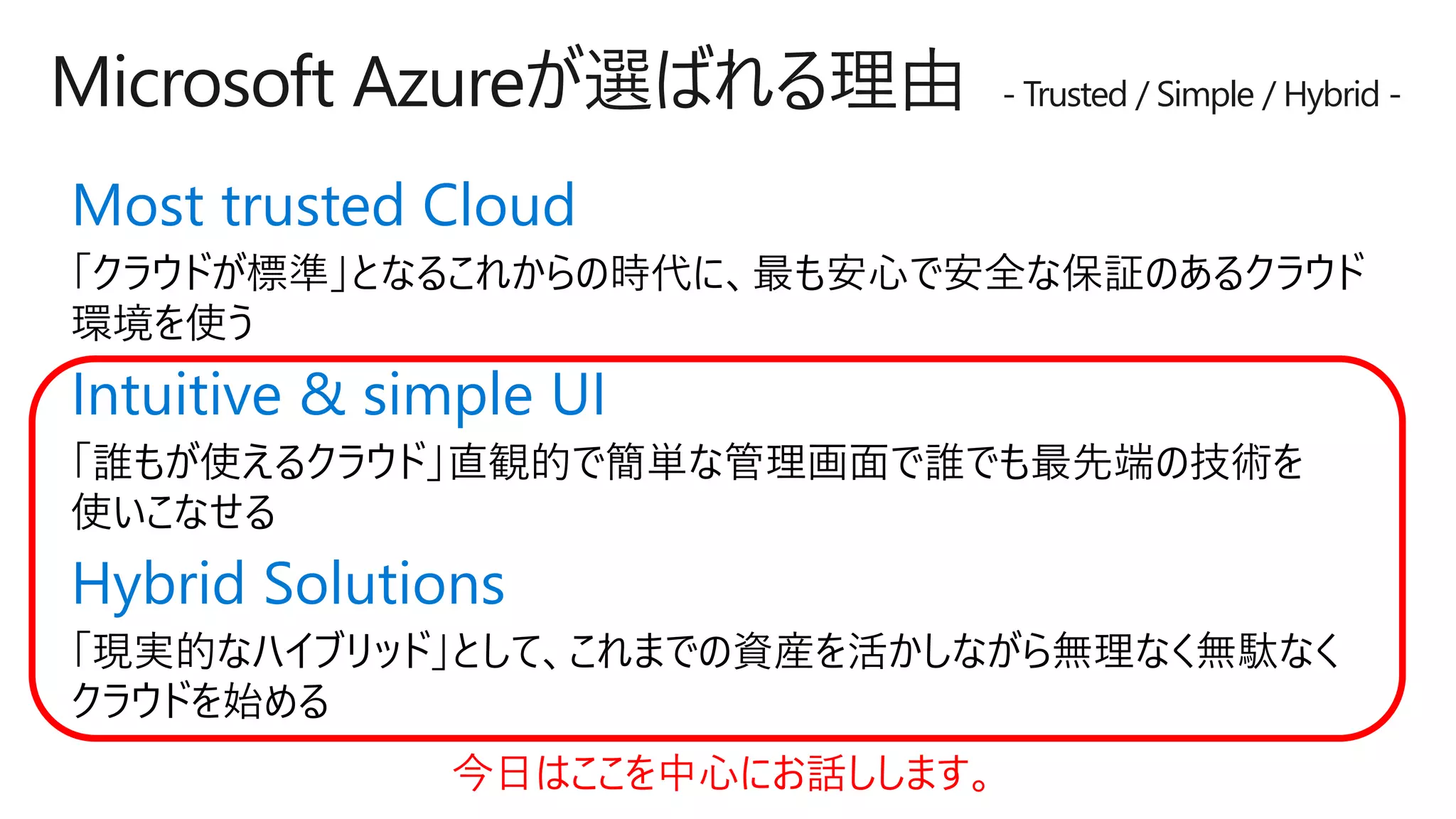 Microsoft Azureが選ばれる理由 - Trusted / Simple / Hybrid -
Most trusted Cloud
Intuitive & simple UI
Hybrid Solutions
今日はここを中心にお話しします。
 