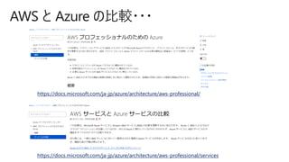AWS と Azure の比較・・・
https://docs.microsoft.com/ja-jp/azure/architecture/aws-professional/
https://docs.microsoft.com/ja-jp/azure/architecture/aws-professional/services
 