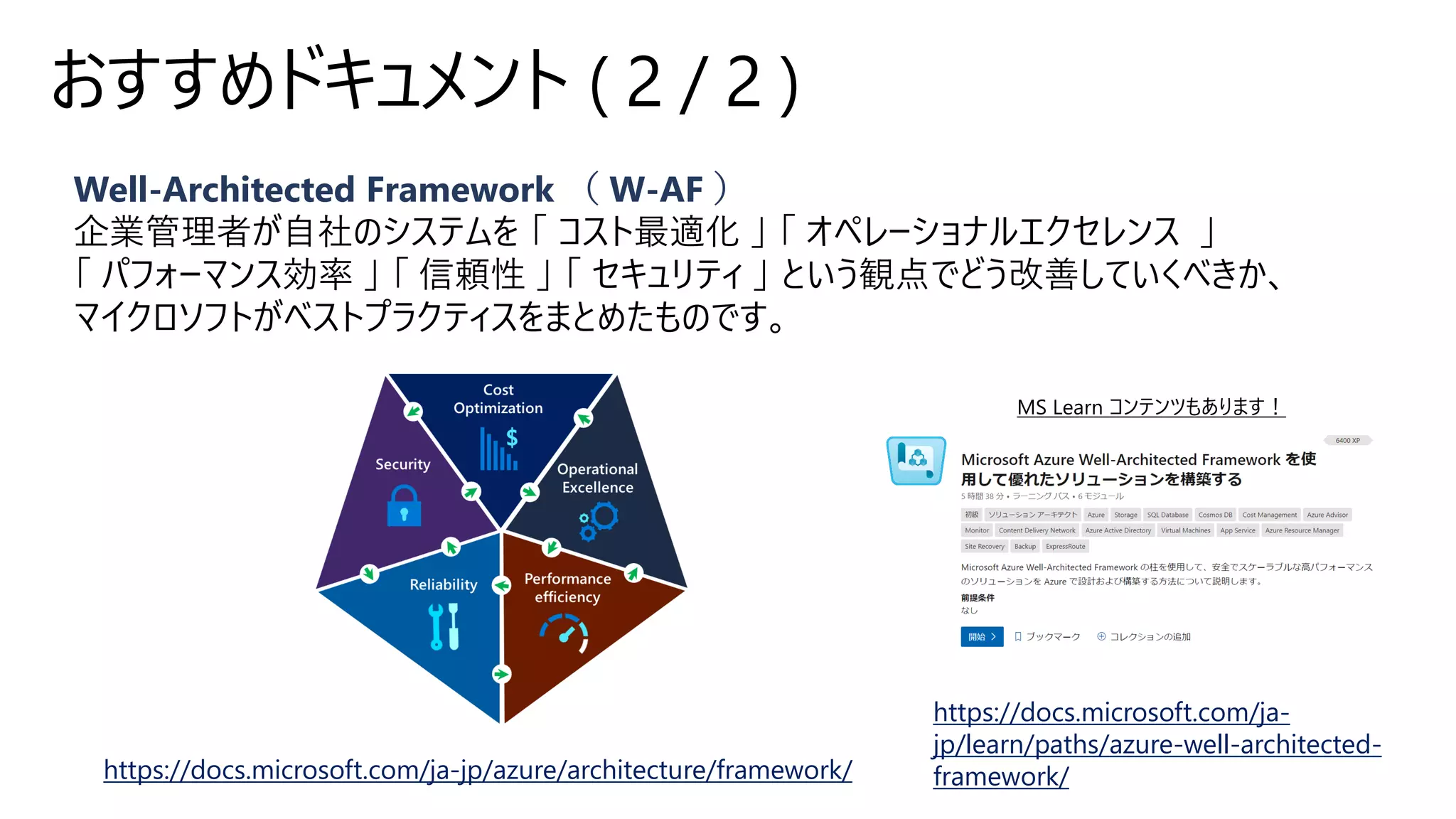 Well-Architected Framework （ W-AF ）
企業管理者が自社のシステムを 「 コスト最適化 」 「 オペレーショナルエクセレンス 」
「 パフォーマンス効率 」 「 信頼性 」 「 セキュリティ 」 という観点でどう改善していくべきか、
マイクロソフトがベストプラクティスをまとめたものです。
おすすめドキュメント ( 2 / 2 )
https://docs.microsoft.com/ja-
jp/learn/paths/azure-well-architected-
framework/https://docs.microsoft.com/ja-jp/azure/architecture/framework/
 