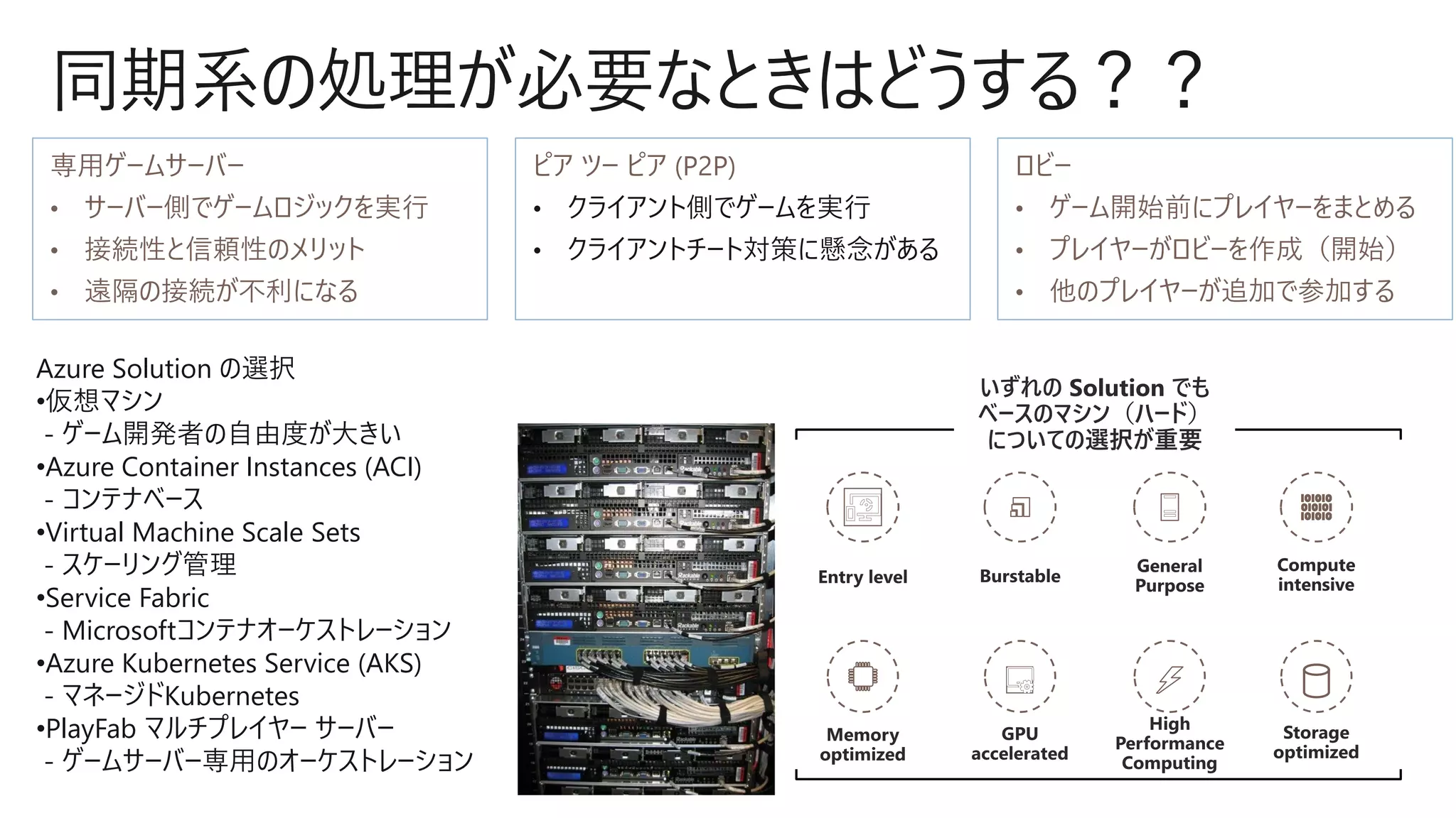 同期系の処理が必要なときはどうする？？
• クライアント側でゲームを実行
• クライアントチート対策に懸念がある
Azure Solution の選択
•仮想マシン
- ゲーム開発者の自由度が大きい
•Azure Container Instances (ACI)
- コンテナベース
•Virtual Machine Scale Sets
- スケーリング管理
•Service Fabric
- Microsoftコンテナオーケストレーション
•Azure Kubernetes Service (AKS)
- マネージドKubernetes
•PlayFab マルチプレイヤー サーバー
- ゲームサーバー専用のオーケストレーション
 