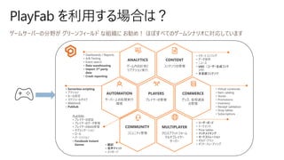PlayFab を利用する場合は？
MULTIPLAYER
クロスプラットフォーム
マルチプレイヤー
サーバー
PLAYERS
プレイヤーの管理
COMMERCE
グッズ、仮想通貨
の管理
ANALYTICS
ゲーム内の計測と
リアクション実行
CONTENT
コンテンツの管理
COMMUNITY
コミュニティ管理
AUTOMATION
サーバー上の処理実行
環境
• リーダーボード
• トーナメント
• Prize tables
• マッチメイキング
• オーケストレーション
• ギルド・クラン
• ギフト・トレーディング
PLAYERS
• プレイヤーの認証
• プレイヤーのデータ管理
• プレイヤーのBAN管理
• セグメンテーション
• ロール
• パーミッション
• Facebook Instant
Games
• Virtual currencies
• Item catalog
• Stores
• Promotions
• Inventory
• Receipt validation
• Drop tables
• Subscriptions
• リモートコンフィグ
• データ保存
• ニュース
• UGC（ユーザー生成コンテ
ンツ）
• 多言語コンテンツ
• 翻訳
• 音声チャット
• メッセージ
• Serverless scripting
• アクション
• ルール設定
• スケジュールタスク
• Webhook
• PubSub
• Dashboards / Reports
• A/B Testing
• Event search
• Data warehousing
• Import 3rd party
data
• Crash reporting
 