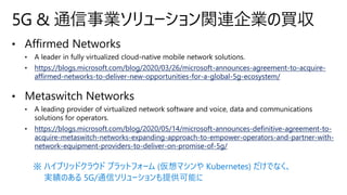https://blogs.microsoft.com/blog/2020/03/26/microsoft-announces-agreement-to-acquire-
affirmed-networks-to-deliver-new-opportunities-for-a-global-5g-ecosystem/
https://blogs.microsoft.com/blog/2020/05/14/microsoft-announces-definitive-agreement-to-
acquire-metaswitch-networks-expanding-approach-to-empower-operators-and-partner-with-
network-equipment-providers-to-deliver-on-promise-of-5g/
5G & 通信事業ソリューション関連企業の買収
※ ハイブリッドクラウド プラットフォーム (仮想マシンや Kubernetes) だけでなく、
実績のある 5G/通信ソリューションも提供可能に
 