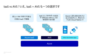 ©Microsoft Corporation
Azure
IaaS vs AVS ? いえ、IaaS + AVS も一つの選択です
Other Cloud Native Apps
新しい VM や移行可能な
対象は IaaS で稼働
IaaS として非サポートのOS
や VMware VM としての
単純移行を対象
Azure に密に統合されてい
ることを活かして、周辺シス
テムを Cloud Native で
 