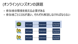 • 参加者の環境を揃える必要がある
• 参加者ごとにOSが違い、それぞれ解説しなければならない
(オンライン)ハンズオンの課題
 