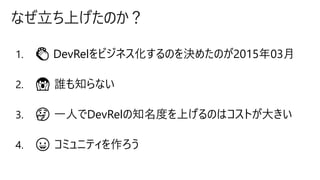 なぜ立ち上げたのか？
1. 👏 DevRelをビジネス化するのを決めたのが2015年03月
2. 😱 誰も知らない
3. 🤔 一人でDevRelの知名度を上げるのはコストが大きい
4. 😀 コミュニティを作ろう
 