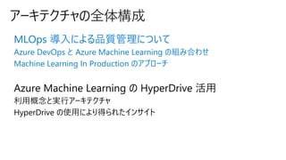 アーキテクチャの全体構成
MLOps 導入による品質管理について
Azure DevOps と Azure Machine Learning の組み合わせ
Machine Learning In Production のアプローチ
Azure Machine Learning の HyperDrive 活用
 
