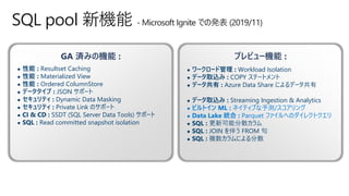 SQL pool 新機能 - Microsoft Ignite での発表 (2019/11)
GA 済みの機能 :
⚫ 性能 : Resultset Caching
⚫ 性能 : Materialized View
⚫ 性能 : Ordered ColumnStore
⚫ データタイプ : JSON サポート
⚫ セキュリティ : Dynamic Data Masking
⚫ セキュリティ : Private Link のサポート
⚫ CI & CD : SSDT (SQL Server Data Tools) サポート
⚫ SQL : Read committed snapshot isolation
プレビュー機能 :
⚫ ワークロード管理 : Workload Isolation
⚫ データ取込み : COPY ステートメント
⚫ データ共有 : Azure Data Share によるデータ共有
⚫ データ取込み : Streaming Ingestion & Analytics
⚫ ビルトイン ML : ネイティブな予測/スコアリング
⚫ Data Lake 統合 : Parquet ファイルへのダイレクトクエリ
⚫ SQL : 更新可能分散カラム
⚫ SQL : JOIN を伴う FROM 句
⚫ SQL : 複数カラムによる分散
 