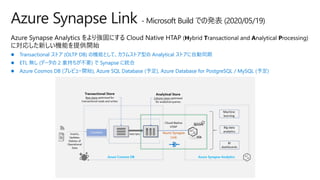 Azure Synapse Link - Microsoft Build での発表 (2020/05/19)
⚫ Transactional ストア (OLTP DB) の機能として、カラムストア型の Analytical ストアに自動同期
⚫ ETL 無し (データの 2 重持ちが不要) で Synapse に統合
⚫ Azure Cosmos DB (プレビュー開始), Azure SQL Database (予定), Azure Database for PostgreSQL / MySQL (予定)
 