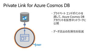 Private Link for Azure Cosmos DB
VNET
 プライベート エンドポイントを
通して、Azure Cosmos DB
アカウントを仮想ネットワークに
公開
 データ流出の危険性を低減
 