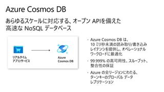 Azure Cosmos DB は、
10 ミリ秒未満の読み取り/書き込み
レイテンシを提供し、オペレーショナル
ワークロードに最適化
 99.999% の高可用性、スループット、
整合性の保証
 Azure の全リージョンにわたる、
ターンキーのグローバル データ
レプリケーション
Azure Cosmos DB
リアルタイム
アプリ/サービス
Azure
Cosmos DB
 