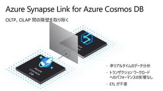  準リアルタイムのデータ分析
 トランザクション ワークロード
へのパフォーマンスの影響なし
 ETL が不要
Azure Synapse Link for Azure Cosmos DB
 