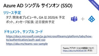 リリース予定
ドキュメント、サンプル コード
https://docs.microsoft.com/ja-jp/microsoftteams/platform/tabs/how-
to/authentication/auth-aad-sso
https://aka.ms/teams-sso-sample
Azure AD シングル サインオン (SSO)
Teams アプリケーションの認証について:
https://aka.ms/M365sk106
 