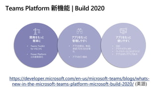 Teams Platform 新機能 | Build 2020
https://developer.microsoft.com/en-us/microsoft-teams/blogs/whats-
new-in-the-microsoft-teams-platform-microsoft-build-2020/ (英語)
開発をもっと
簡単に
アプリをもっと
管理しやすく
アプリをもっと
使いやすく
• Teams Toolkit
for VSC/VS
• Power Platform
との連携強化
• アプリの提出、検証、
承認プロセスの合理
化
• アプリのピン留め
• SSO
• アクティビティ API
• ワークスペースにカスタマイズ
• アプリのポップアップ表示
 
