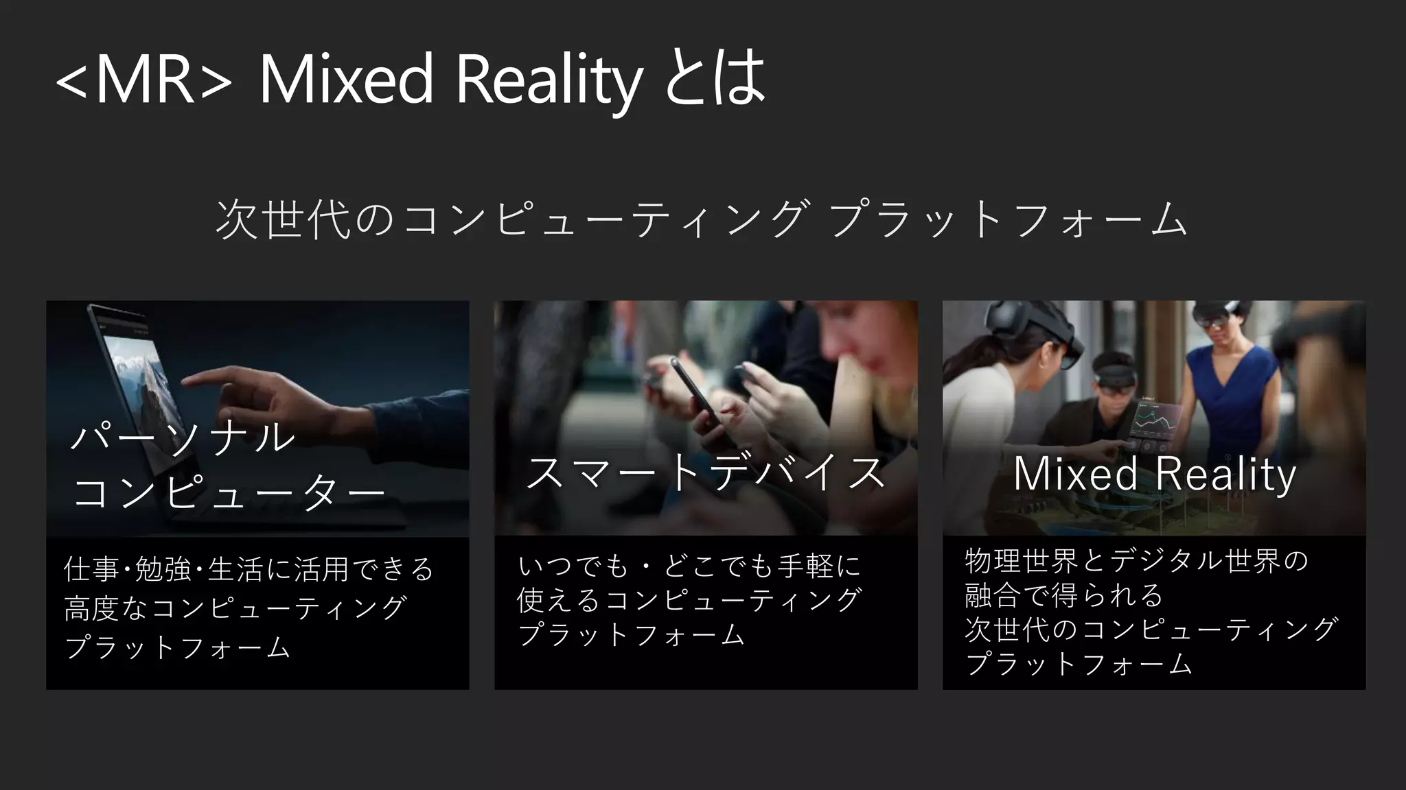 <MR> Mixed Reality とは
いつでも・どこでも手軽に
使えるコンピューティング
プラットフォーム
スマートデバイス
仕事･勉強･生活に活用できる
高度なコンピューティング
プラットフォーム
パーソナル
コンピューター Mixed Reality
物理世界とデジタル世界の
融合で得られる
次世代のコンピューティング
プラットフォーム
次世代のコンピューティング プラットフォーム
 