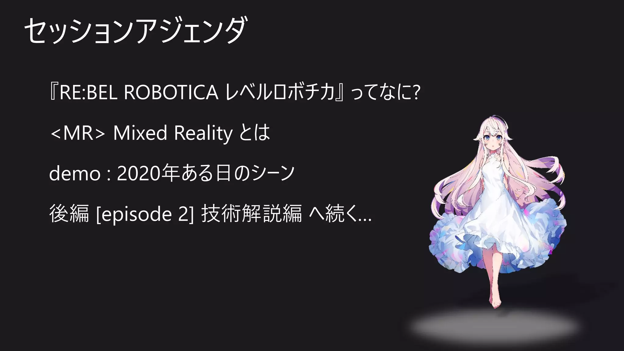 セッションアジェンダ
『RE:BEL ROBOTICA レベルロボチカ』 ってなに?
<MR> Mixed Reality とは
demo : 2020年ある日のシーン
後編 [episode 2] 技術解説編 へ続く…
 