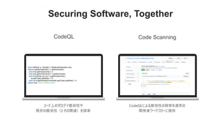 Code Scanning
from AddExpr a, Variable v, RelationalOperation cmp
where a.getAnOperand() = v.getAnAccess()
and cmp.getAnOperand() = a
and cmp.getAnOperand() = v.getAnAccess()
and forall(Expr op | op = a.getAnOperand() |
op.getType().getSize() < 4)
and not a.getExplicitlyConverted().getType().getSize() < 4
select cmp, "Bad overflow check"
コード上のゼロデイ脆弱性や
既存の脆弱性（とその関連）を探索
CodeQLによる脆弱性の探索を通常の
開発者ワークフローに提供
Securing Software, Together
CodeQL
 