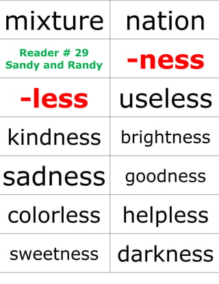 mixture nation
Reader # 29
Sandy and Randy -ness
-less useless
kindness brightness
sadness goodness
colorless helpless
sweetness darkness
 