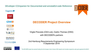 DEveloper COmpanion for Documented and annotatEd code Reference
The DECODER project has received funding from the European Union’s Horizon 2020 research and innovation programme under grant agreement No 824231.
DECODER Project Overview
Virgile Prevosto (CEA List), Cedric Thomas (OW2)
with DECODER's partners
2nd Hamburg Requirements Engineering Symposium
4 September 2019
 
