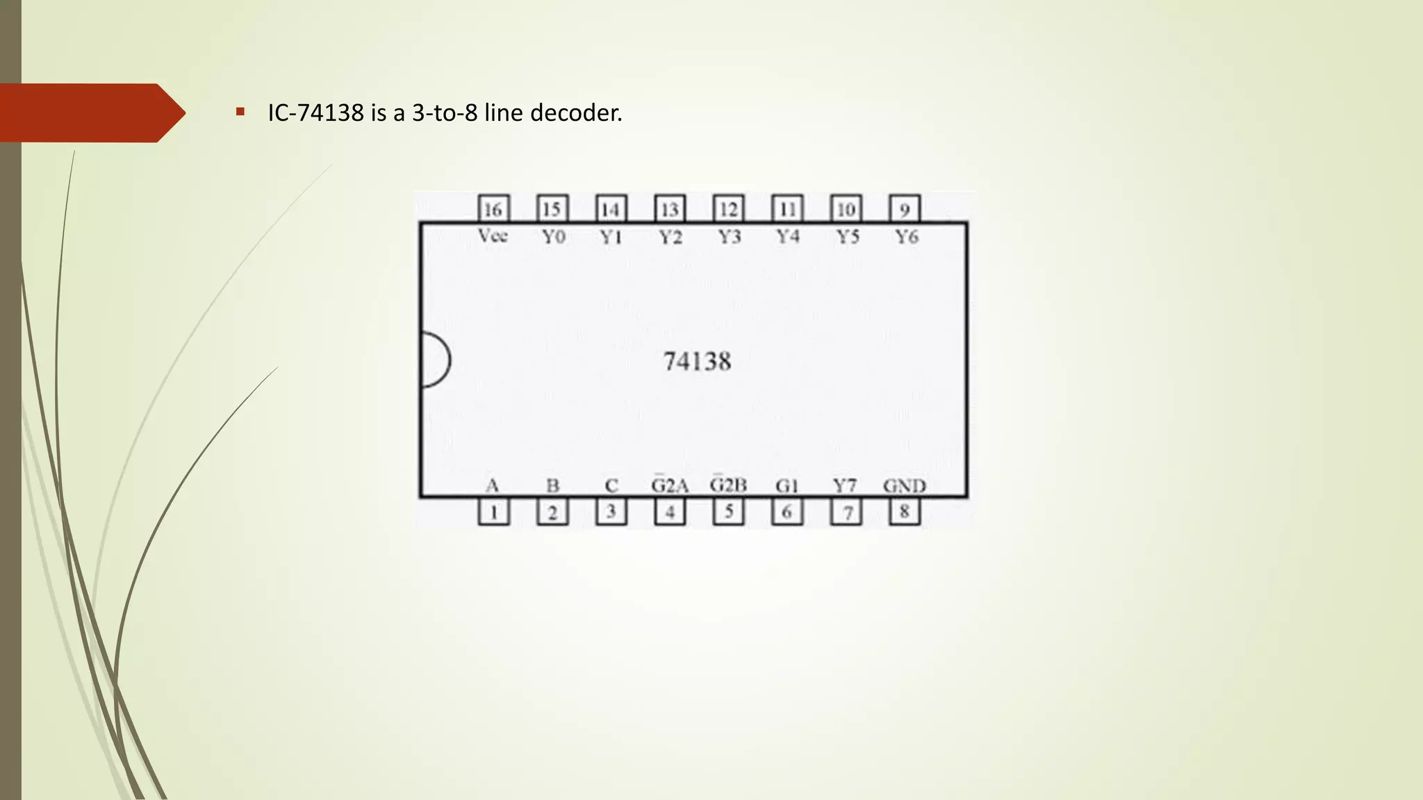  IC-74138 is a 3-to-8 line decoder.
 