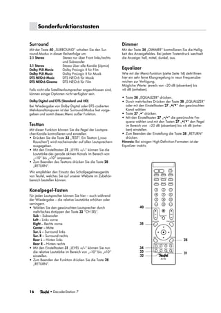 16	 • DecoderStation 7
Sonderfunktionstasten
Surround
Mit der Taste 40 „SURROUND“ schalten Sie den Sur-
round-Modus in dieser Reihenfolge um:
2.1 Stereo	 Stereo nur über Front links/rechts
und Subwoofer
5.1 Stereo	 Stereo über alle Kanäle (Upmix)
Dolby PLII Movie	 Dolby ProLogic II für Film
Dolby PLII Music	 Dolby ProLogic II für Musik
DTS NEO:6 Music	 DTS NEO:6 für Musik
DTS NEO:6 Cinema	 DTS NEO:6 für Film
Falls nicht alle Satellitenlautsprecher angeschlossen sind,
können einige Optionen nicht verfügbar sein.
Dolby Digital und DTS (Standard und HD)
Bei Wiedergabe von Dolby Digital oder DTS codierten
Mehrkanaltonspuren ist der Surround-Modus fest vorge-
geben und somit dieses Menü außer Funktion.
Testton
Mit dieser Funktion können Sie die Pegel der Lautspre-
cher-Kanäle kontrollieren und einstellen.
•	 Drücken Sie die Taste 33 „TEST“. Ein Testton („rosa
Rauschen“) wird nacheinander auf allen Lautsprechern
ausgegeben.
•	 Mit den Einstelltasten 31 „LEVEL +/–“ können Sie die
Lautstärke des gerade aktiven Kanals im Bereich von
„–10“ bis „+10“ anpassen.
•	 Zum Beenden des Testtons drücken Sie die Taste 28
„RETURN“.
Wir empfehlen den Einsatz des Schallpegelmessgeräts
von Teufel, welches Sie auf unserer Website im Zubehör-
bereich bestellen können.
Kanalpegel-Tasten
Für jeden Lautsprecher können Sie hier – auch während
der Wiedergabe – die relative Lautstärke erhöhen oder
verringern.
•	 Wählen Sie den gewünschten Lautsprecher durch
mehrfaches Antippen der Taste 32 “CH SEL“.
Sub – Subwoofer
Left – Links vorne
Right – Rechts vorne
Center – Mitte
Sur. L – Surround links
Sur. R – Surround rechts
Rear L – Hinten links
Rear R – Hinten rechts
•	 Mit den Einstelltasten 31 „LEVEL +/–“ können Sie nun
die relative Lautstärke im Bereich von „–10“ bis „+10“
einstellen.
•	 Zum Beenden der Funktion drücken Sie die Taste 28
„RETURN“.
28
40
32
3133
Dimmer
Mit der Taste 34 „DIMMER“ kontrollieren Sie die Hellig-
keit des Anzeigefeldes. Bei jedem Tastendruck wechselt
die Anzeige: hell, mittel, dunkel, aus.
Equalizer
Wie mit der Menü-Funktion (siehe Seite 14) steht Ihnen
hier ein sehr feine Klangregelung in neun Frequenzbe-
reichen zur Verfügung.
Mögliche Werte: jeweils von –20 dB (absenken) bis
+6 dB (anheben).
•	 Taste 38 „EQUALIZER“ drücken.
•	 Durch mehrfaches Drücken der Taste 38 „EQUALIZER“
oder mit den Einstelltasten 27 „▲/▼“ den gewünschten
Kanal wählen
•	 Taste 37 „•“ drücken.
•	 Mit den Einstelltasten 27 „◀/▶“ die gewünschte Fre-
quenz wählen und mit den Tasten 27 „▲/▼“ den Pegel
im Bereich von –20 dB (absenken) bis +6 dB (anhe-
ben) einstellen.
•	 Zum Beenden der Einstellung die Taste 28 „RETURN“
drücken.
Hinweis: Bei einigen High-Definition-Formaten ist der
Equalizer inaktiv.
38
34
 