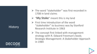 History
 The word “stakeholder” was first recorded in
1708 in land claims
 “My Stake” meant this is my land
 First time introduction of the word
“stakeholder” to business was by Stanford
Research Institute in 1963
 The concept first linked with management
strategy with R. Edward Freeman’s book;
Strategic Management: A Stakeholder Approach
in 1984
6
 