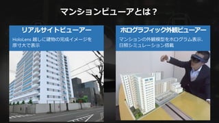 リアルサイトビューアー
HoloLens 越しに建物の完成イメージを
原寸大で表示
マンションビューアとは？
ホログラフィック外観ビューアー
マンションの外観模型をホログラム表示、
日照シミュレーション搭載
 
