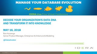1© 2018 IDERA, Inc. All rights reserved.
DECODE YOUR ORGANIZATION'S DATA DNA
AND TRANSFORM IT INTO KNOWLEDGE
MAY 16, 2018
Ron Huizenga
Senior Product Manager, Enterprise Architecture & Modeling
@DataAviator
 