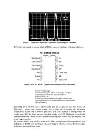 Figura 7.- Espectro de la portadora suprimida adjuntado por el fabricante

El nivel de portadora se atenúa 65 dB a 500kHz según el catálogo, más que suficiente.




           Figura8.- PINOUT del MC 1496 (Modulador/Demodulador balanceado)


                           Carrier Feedthrough
                           Carrier feedthrough is defined as the output voltage at
                           carrier frequency with only the carrier applied
                           (signal voltage = 0).
                           Carrier null is achieved by balancing the currents in the
                           differential amplifier by means of a bias trim potentiometer
                           (R1 of Figure 5).

Siguiendo en la misma línea y observando otra de las gráficas que nos facilita el
fabricante vemos que cuanto mayor sea el nivel de la tensión de portadora
introducido, mayor será el nivel de portadora a la salida aunque lo configuremos en
modo supresión de ésta, siempre quedará cierto nivel. El fabricante recomienda
aproximadamente 100mV eficaces de entrada (aunque ya hemos visto en la figura 7 va
a ser muy pequeño).
En nuestro diseño esta señal va a ser de 12,8 kHz, si dibujamos la curva quedaría por
debajo de la de 500 kHz, por lo que no puede llegar a influirnos en nuestro diseño por
la elevada atenuación que sufre.
 