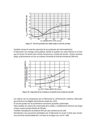 Figura 9.- Nivel de portadora de salida según su nivel de entrada


También variará el nivel de supresión de los productos de intermodulación.
El fabricante nos entrega varias gráficas donde se pueden ver estos efectos en el test
que él mismo ha hecho para ciertas frecuencias y niveles de tensión (Como veremos
abajo, prácticamente no nos va a afectar tomando el nivel de entrada de 100 mV).




           Figura 10.- Supresión de los armónicos en función de la tensión de entrada



Los valores son los propuestos por el fabricante en alimentación simétrica. (Recordar
que al final se ha elegido alimentación simple de +12V).
El circuito queda con los parámetros necesarios ajustado y polarizado.
Falta cambiar los valores de sintonizado de la salida, o simplemente eliminar esa etapa
y hacer nuestro propio diseño de filtrado.
También reemplazaría las bobinas RFC por dos resistencias de 3,9k
Atendiendo a las ecuaciones facilitadas por el fabricante en el pin 5 tiene que circular
una corriente recomendada de 1 mA que se consigue con una R = 6,8k
 