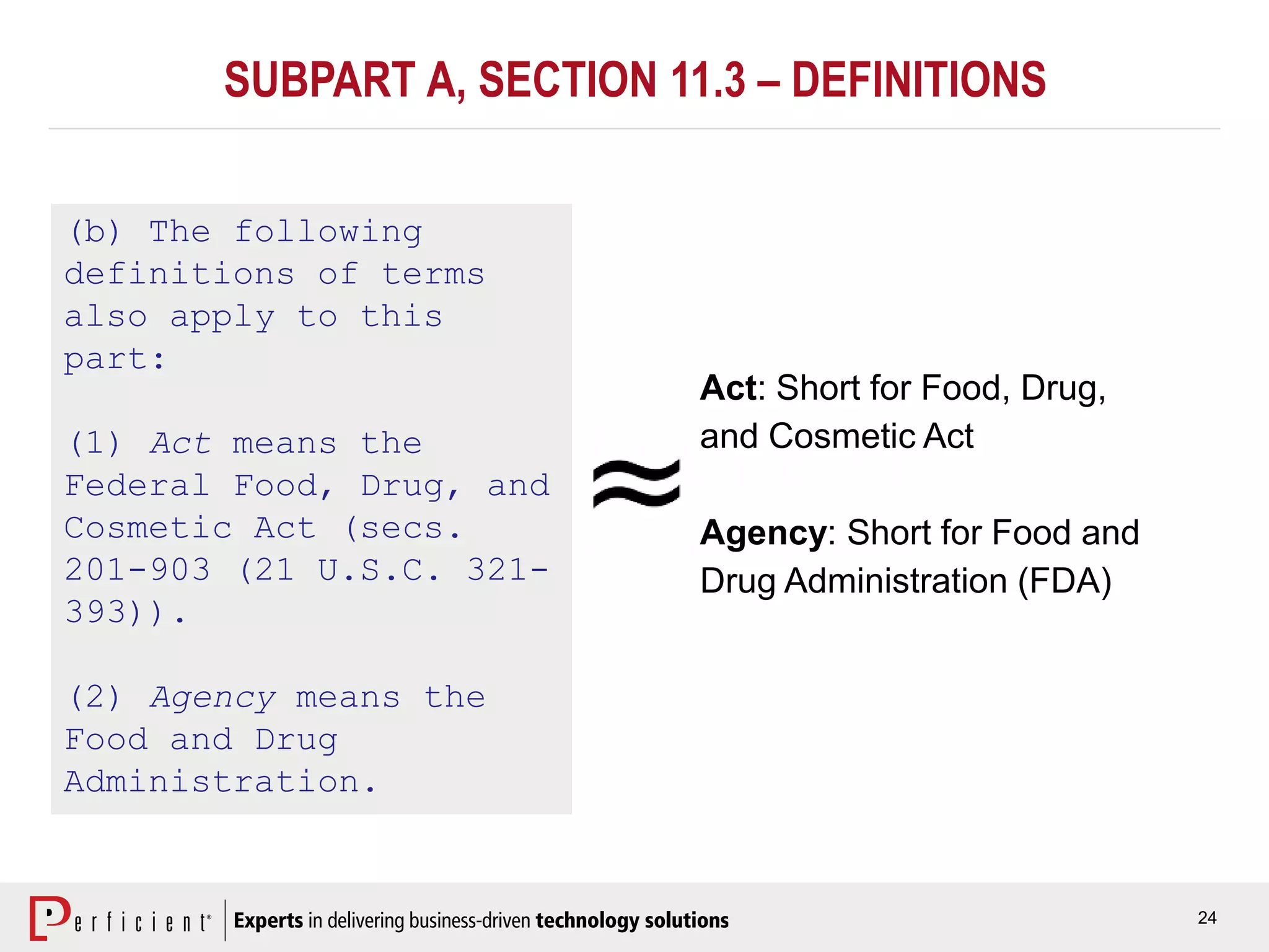 24
SUBPART A, SECTION 11.3 – DEFINITIONS
(b) The following
definitions of terms
also apply to this
part:
(1) Act means the
Federal Food, Drug, and
Cosmetic Act (secs.
201-903 (21 U.S.C. 321-
393)).
(2) Agency means the
Food and Drug
Administration.
Act: Short for Food, Drug,
and Cosmetic Act
Agency: Short for Food and
Drug Administration (FDA)
 