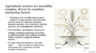 Agricultural systems are incredibly
complex, driven by countless
interacting factors.
G NotebookLM
• Farming is not a simple input-output
system. A crop‘s growth and final yield
are the result of a dynamic interplay
between genetics, soil conditions, weather
patterns, and management decisions.
• This ’Soil-Plant—Atmosphere Continuum’
involves numerous processes occurring
at different levels, from cellular reactions
within a plant to regional weather
events.
• To make informed decisions, we need
tools that can help us understand
and predict the outcomes of these
complex interactions.
Nutrien
t
Upaxe
Wate
r
Uptak
e
 