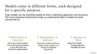 G NotebookLM
Models come in different forms, each designed
for a specific purpose.
Crop models can be classified based on their underlying approach and structure.
The most important distinctions help us understand what a model can (and
cannot) tell us.
1. Mechanistic vs.
Empirical
Does the model explain
the underlying processes
or just describe the
observed relationships?
2. Deterministic vs.
Stochastic
Does the model produce a
single, exact output or a
range of probable
outcomes?
3. Dynamic vs.
Static
Does the model
incorporate the
variable of time?
 