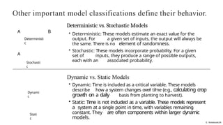 Other important model classifications define their behavior.
G NotebookLM
A B
A
Deterministi
c
Stochasti
c
Dynami
c
Stati
c
Deterministic vs. Stochastic Models
• Deterministic: These models estimate an exact value for the
output. For a given set of inputs, the output will always be
the same. There is no element of randomness.
• Stochastic: These models incorporate probability. For a given
set of inputs, they produce a range of possible outputs,
each with an associated probability.
Dynamic vs. Static Models
• Dynamic: Time is included as a critical variable. These models
describe how a system changes over time (e.g., calculating crop
growth on a daily basis from planting to harvest).
• Static: Time is not included as a variable. These models represent
a system at a single point in time, with variables remaining
constant. They are often components within larger dynamic
models.
 