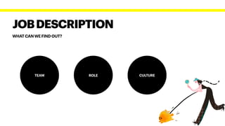 WHAT CAN WE FIND OUT?
JOBDESCRIPTION
ROLE CULTURE
TEAM
 
