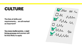 CULTURE
The lists of skills and
requirements... are all marked
as important?


Too many bullet points -> rigid
hiring process and women will
be less likely to apply
 