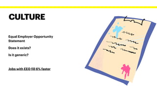 CULTURE
Equal Employer Opportunity
Statement


Does it exists?


Is it generic?


Jobs with EEO
f
ill 6% faster


 