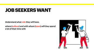 JOBSEEKERSWANT
Understand what role they will have,


where (culture) and with whom (team) will they spend
a lot of their time with


 