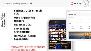 © 2022 Sitecore Corporation A/S.
2024 Must Have Capabilities in DXP
• Business-User Friendly
CMS
• Multi-Experience
Support
• Headless CMS
• Composable
Architecture
• Fully SaaS - Cloud
Capabilities
Innovative Focuses in Mature
Offering Beyond 2024
Mature
Offering
Expected
Today
 