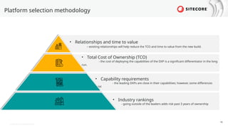 © 2022 Sitecore Corporation A/S.
• Relationships and time to value
– existing relationships will help reduce the TCO and time to value from the new build.
• Total Cost of Ownership (TCO)
- the cost of deploying the capabilities of the DXP is a significant differentiator in the long
run.
• Capability requirements
- the leading DXPs are close in their capabilities; however, some differences
exist
• Industry rankings
- going outside of the leaders adds risk past 3 years of ownership
Platform selection methodology
18
 